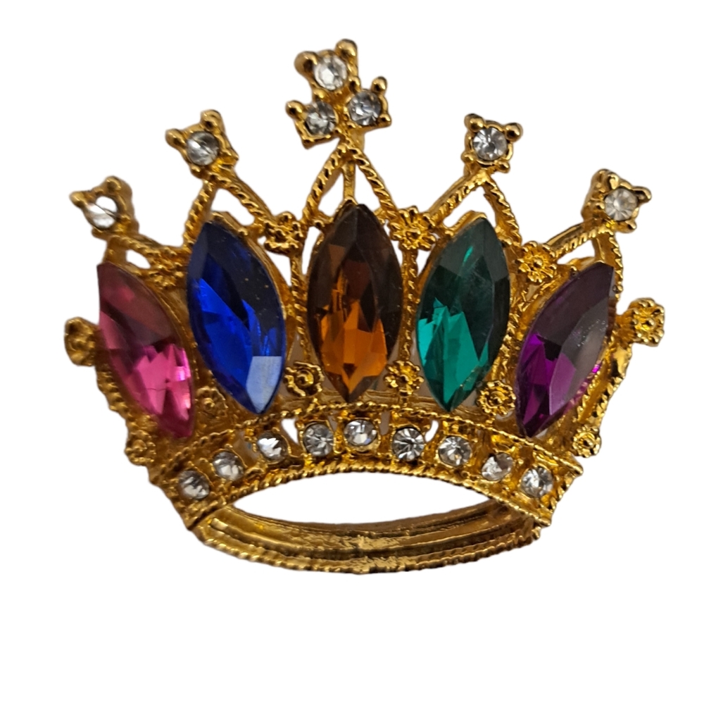 Vintage Crown Brooch Jewels of India Gold Tone Brooch Pin